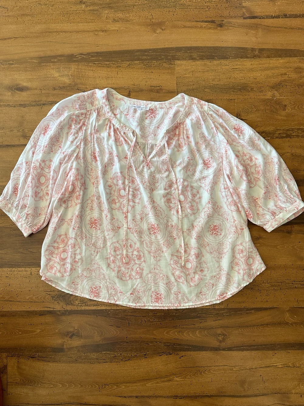 Jane and Delancey White Blouse with Pink Medallion Print